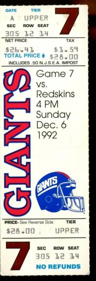 Football Ticket York Giants 1992 12/6 Washington Redskins