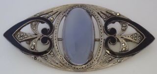 Antique French Art Deco Sterling Silver Enamel Marcasite Blue Chalcedony Brooch