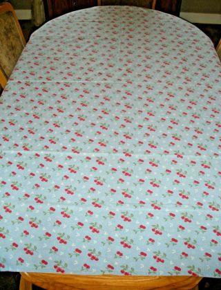 Vintage Red Cherries On Blue Tablecloth (80 " X 59 ") Euc