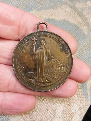 Massive Saint Benedict Bronze Antique Spanish Medal Our Lady Of Monteserrat
