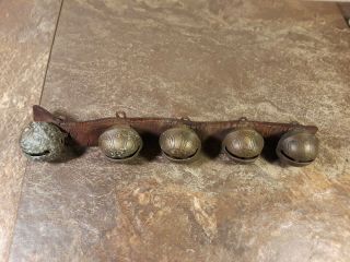 Antique Set Of Old Sleigh Bells On Leather Strap