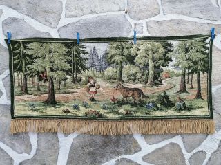 Vintage Tapestry Wall Carpet Gobelin Jacquard Little Red Riding Hood And Wolf
