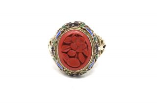 A Chinese Antique Art Deco Silver 925 Cinnabar Floral Enamelled Ring 23729