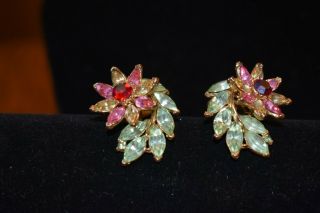 Vintage Earrings Estate Costume Jewelry Gold Tone Pink & Green Gems Clip Ons