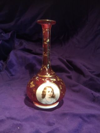 Antique Bohemian Glass Vase With Enamel Portrait And Decoration C19th