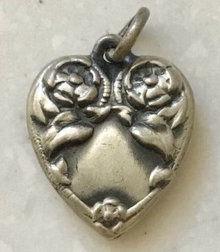 Vtg Sterling Silver Repousse Floral Flower Puffy Heart Charm