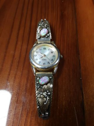 Vintage Sterling Silver Watch Band With Gold Accents,  Lab Opals