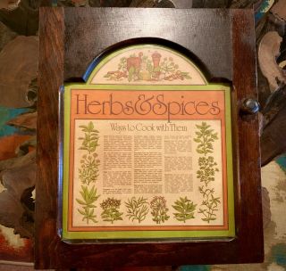 Vintage Wooden " Herbs & Spices " 1970 Cabinet Wall Rack - 3 Shelf W/glass Front