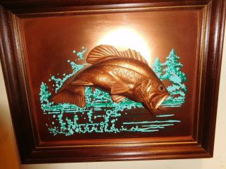 Vintage John Louw 3d Copper Art Bass Fish Nautical Framed Painting Sculpture