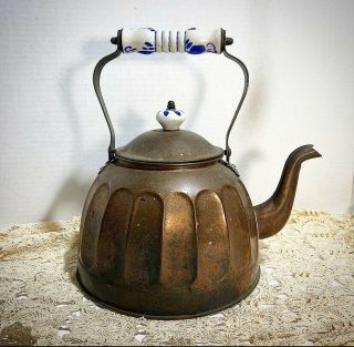 Antique Copper Teapot Kettle With White & Blue Porcelain Handle