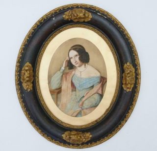 Antique Watercolour Portrait Painting Of A Female In Oval Laquered Wooden Frame