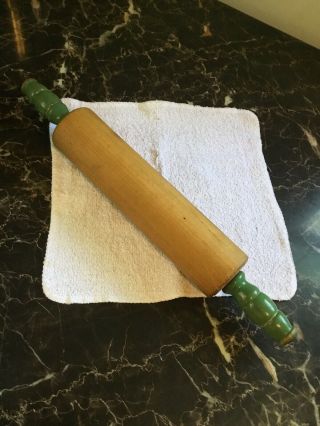 Vintage Wooden 16”green Handle Rolling Pin 10” Long Barrel