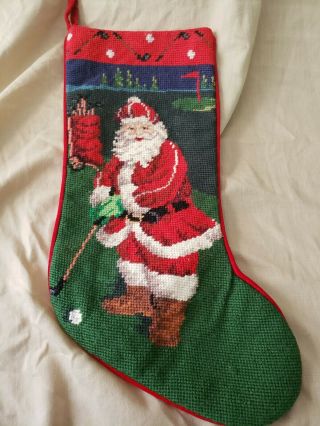 Vintage Needlepoint Tapestry Christmas Stocking Santa Golf Golfing Cross Stitch