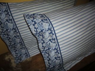 Vintage Westpoint Stevens Blue Tan Paisley Stripe (2) Standard Pillowcases 19x29