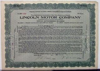 1921 Lincoln Motor Co Stock Certificate Tny 2169 Notarized Memorabilia