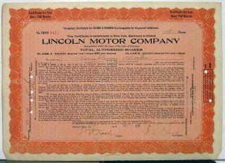 1920 Lincoln Motor Co Stock Certificate Tnyo 3452 Notarized Memorabilia