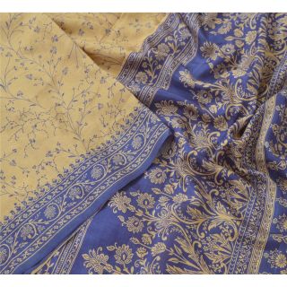 Sanskriti Vintage Cream Saree Printed 100 Pure Silk Sari Soft Craft Fabric