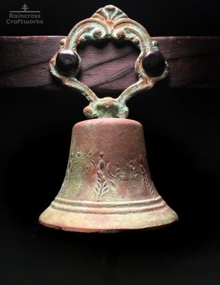 Bronze Spanish Colonial Handbell,  Vtg Ornate Brass Antique Mission Church Bell