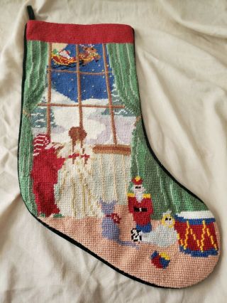 Vintage Needlepoint Tapestry Christmas Stocking The Night Before Christmas Scene