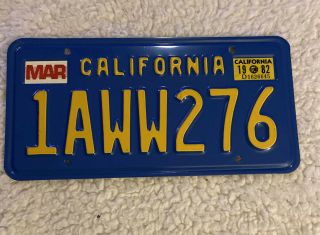 Vintage 1982 California Blue And Yellow License Plate " 1aww276”