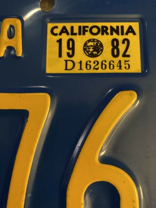 Vintage 1982 California Blue and Yellow License Plate 