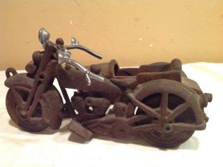 Vintage Antique 8 - 1/2 " Cast Iron Motorcycle W/sidecar