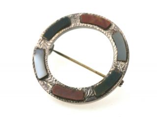 Circular Antique Sterling Silver Scottish Pin W/ Colored Agate Stones