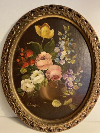 Vintage Floral Framed Oval Oil Painting Signed By Artist R.  Ruggieri