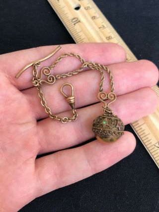 Antique Victorian Gold Filled & Gem Pocket Watch Chain Ornate Orb Ball Fob