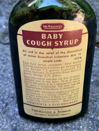 Vintage McKesson’s & Robbins Baby Cough Syrup Glass Medicine Bottle Apothecary 1 2