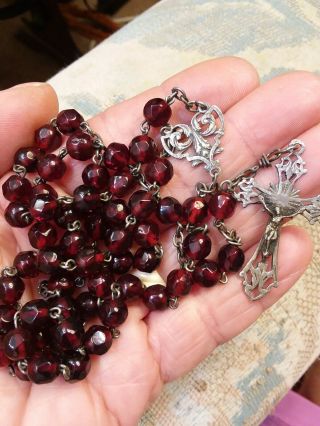 Antique French Red Crystal Glass Sterling Silver Rosary