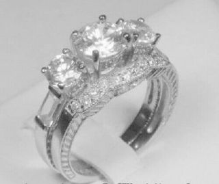 Round Diamond Antique Style 3 Stone Engagement Ring Bridal Set White Gold Ov