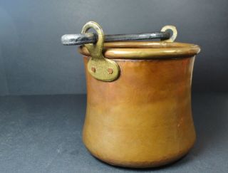Vtg Antique Copper Pot Bucket Wrought Iron Bail Handle Dovetailing Hammered