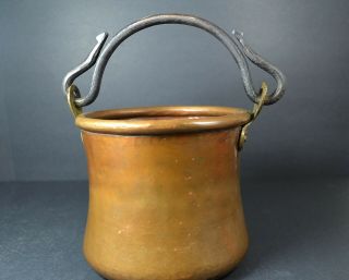 Vtg Antique Copper Pot BUCKET Wrought Iron Bail Handle Dovetailing Hammered 3