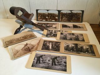 Antique Wooden Stereoscope 3d Viewer,  11 Slides / Cards - Boer War,  S Africa,