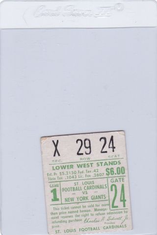 Rm: 1960 St.  Louis Fb Cardinals Ticket Stub 1st Regular Home Game Vs.  Ny Giants