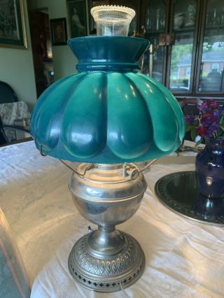 Antique B&H Bradley & Hubbard Electrified Oil Lamp w/Green Mellon Shade 2