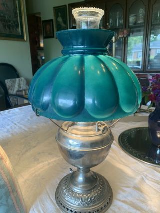 Antique B&H Bradley & Hubbard Electrified Oil Lamp w/Green Mellon Shade 3