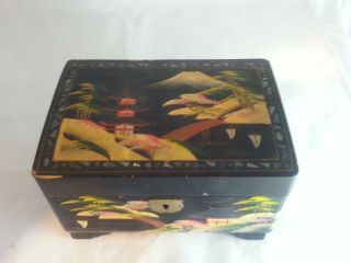 Emson Vintage Black Jewelry Box Japanese Music Box Abalone Inlay Hand Painted