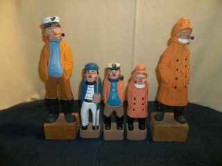 5 Vintage Hand Carved Wooden Fisherman Captain Sailors Nautical Figures 12 " & 8 "
