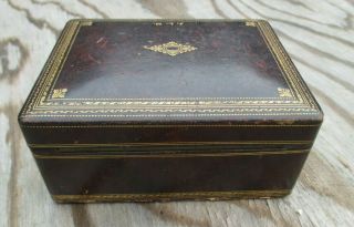ANTIQUE ca.  1860 Men ' s Leather Covered Box Gold Trim,  Brass Lock & Hinges J.  L.  M. 2
