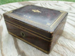 ANTIQUE ca.  1860 Men ' s Leather Covered Box Gold Trim,  Brass Lock & Hinges J.  L.  M. 3
