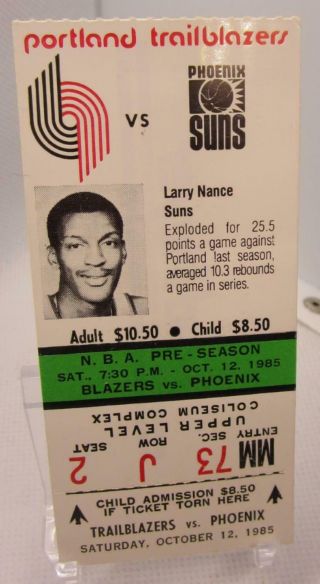 Portland Trailblazers Nba Pre - Season Game Ticket Stub 10/12/85 Larry Nance Suns