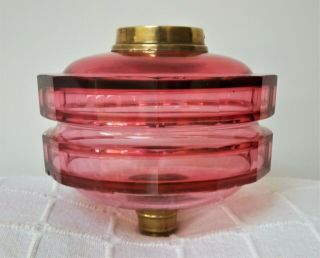Antique 2 Layered Faceted Cranberry Glass Oil Lamp Font With Duplex Brass Collar