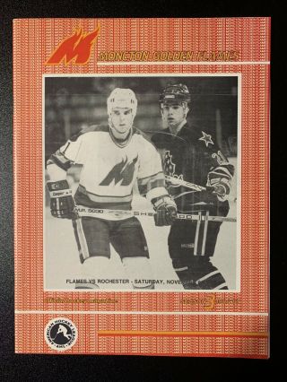 1986 - 87 Moncton Golden Flames Ahl Program Vs Rochester Americans Brett Hull Year
