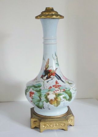 19th Century Victorian Porcelain Oil Lamp Base - Hand Painted Bird & Floral - Gilt