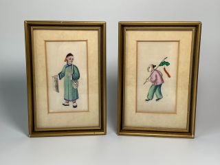 Pair Antique 19th Century Chinese Fine Rice Paper Watercolour Framed Paintings 2