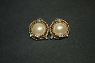 Vintage Joan Rivers Signed Faux Pearl And Rhinestone Gold Tone Pierced Earrings