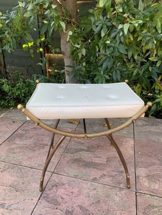Vintage Antique Brass And Leather Stool Dressing Table Chair