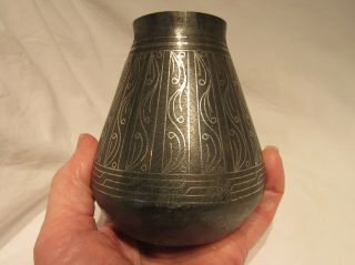 Steel & Sterling Silver Inlaid Vase Handmade 4 3/8 " Arts & Crafts Style